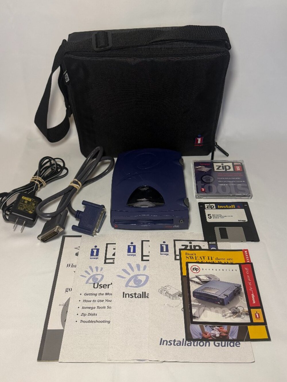 Iomega Zip Z250P Drive Parallel Carry Bag Power Cord Cable Disk Tested Working
